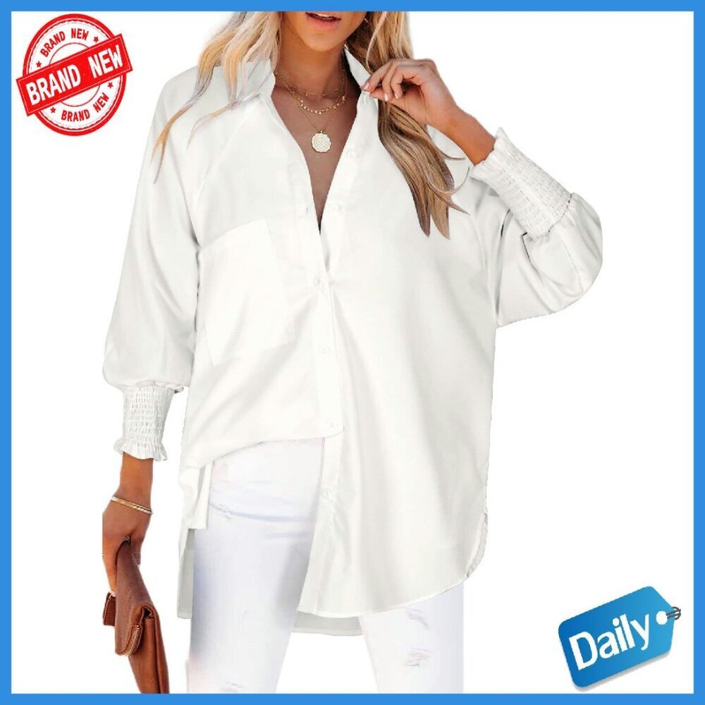 Oversized Smocked Cuff Button Down Blouse Long Sleeve Pocket Top